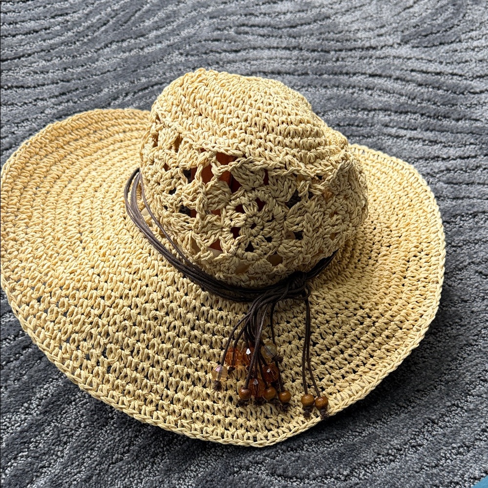 Scala Tan Crochet Hat with Beaded Trim